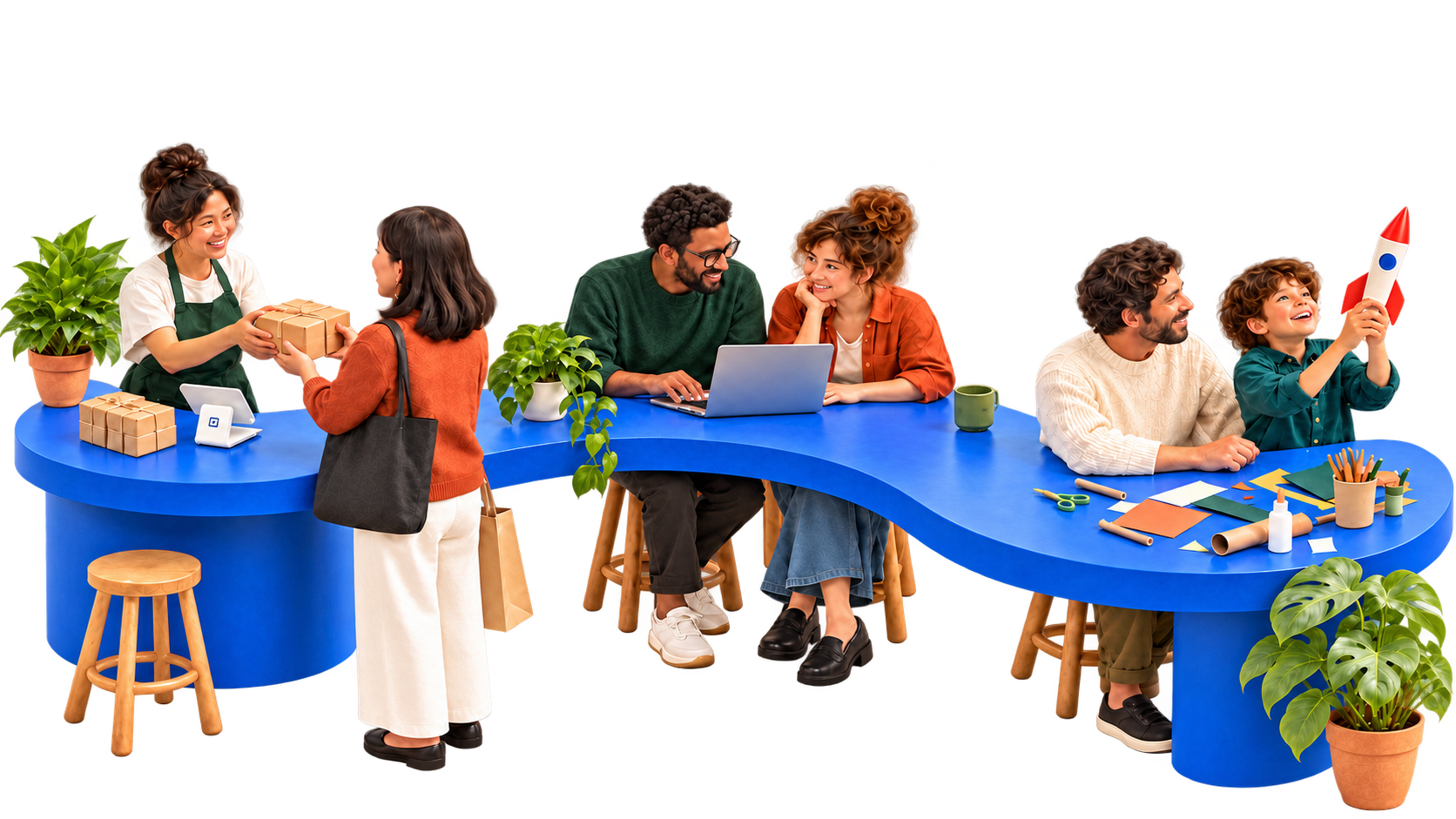 People buying, working together, and learning around a continuous blue table.